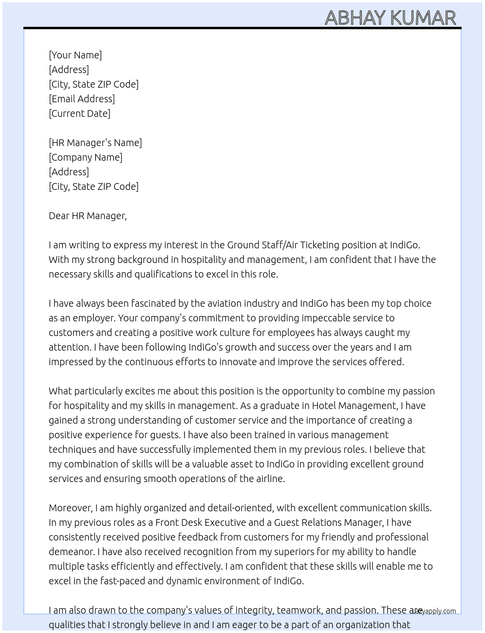 Cover letter for ground staff/air ticketing - LazyApply