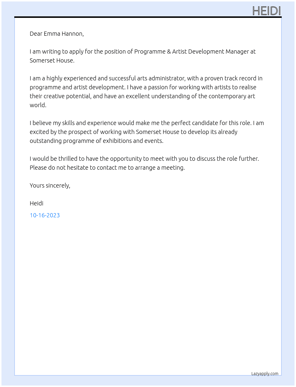  Programme & Artist Development Manager At Somerset house Cover Letter