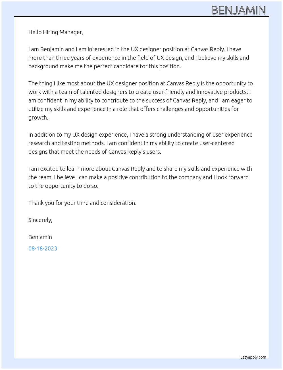 Ux designer At Canvas Reply Cover Letter