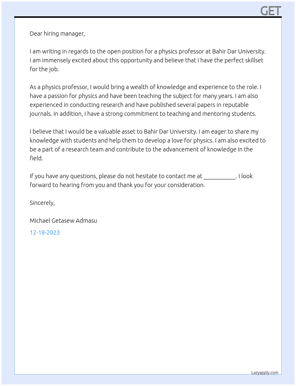 physics At Bahir Dar University Cover Letter