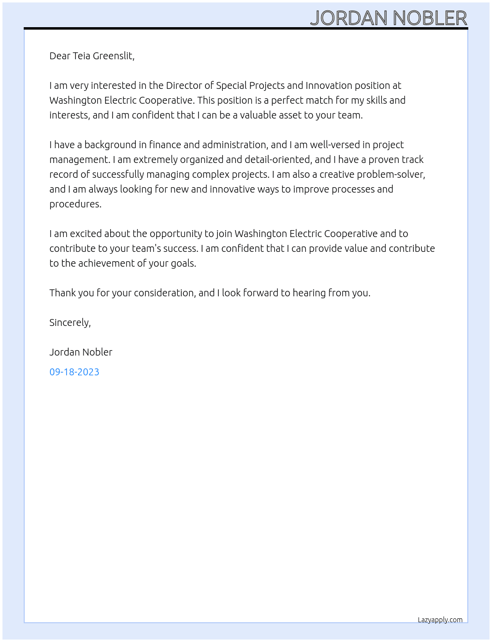 Director of Special Projects and Innovation At Washington Electric Cooperative Cover Letter