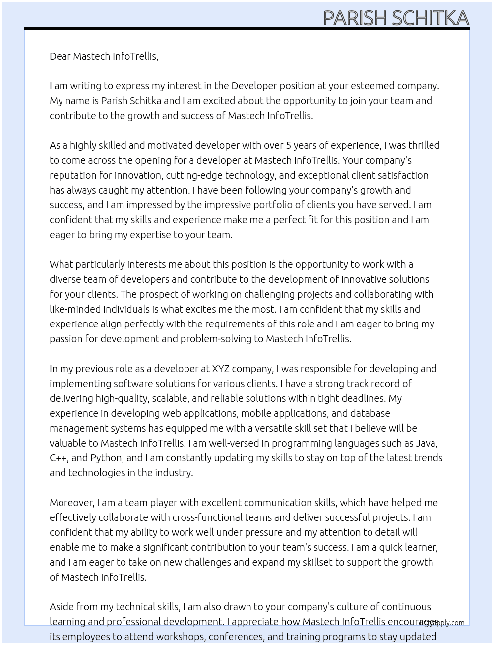 Developer At Mastech InfoTrellis Cover Letter