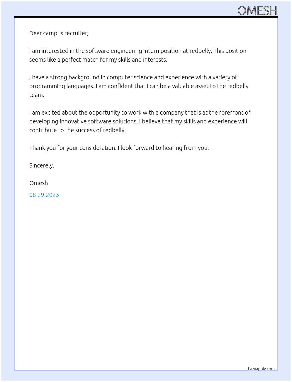 software engineering intern At redbelly Cover Letter