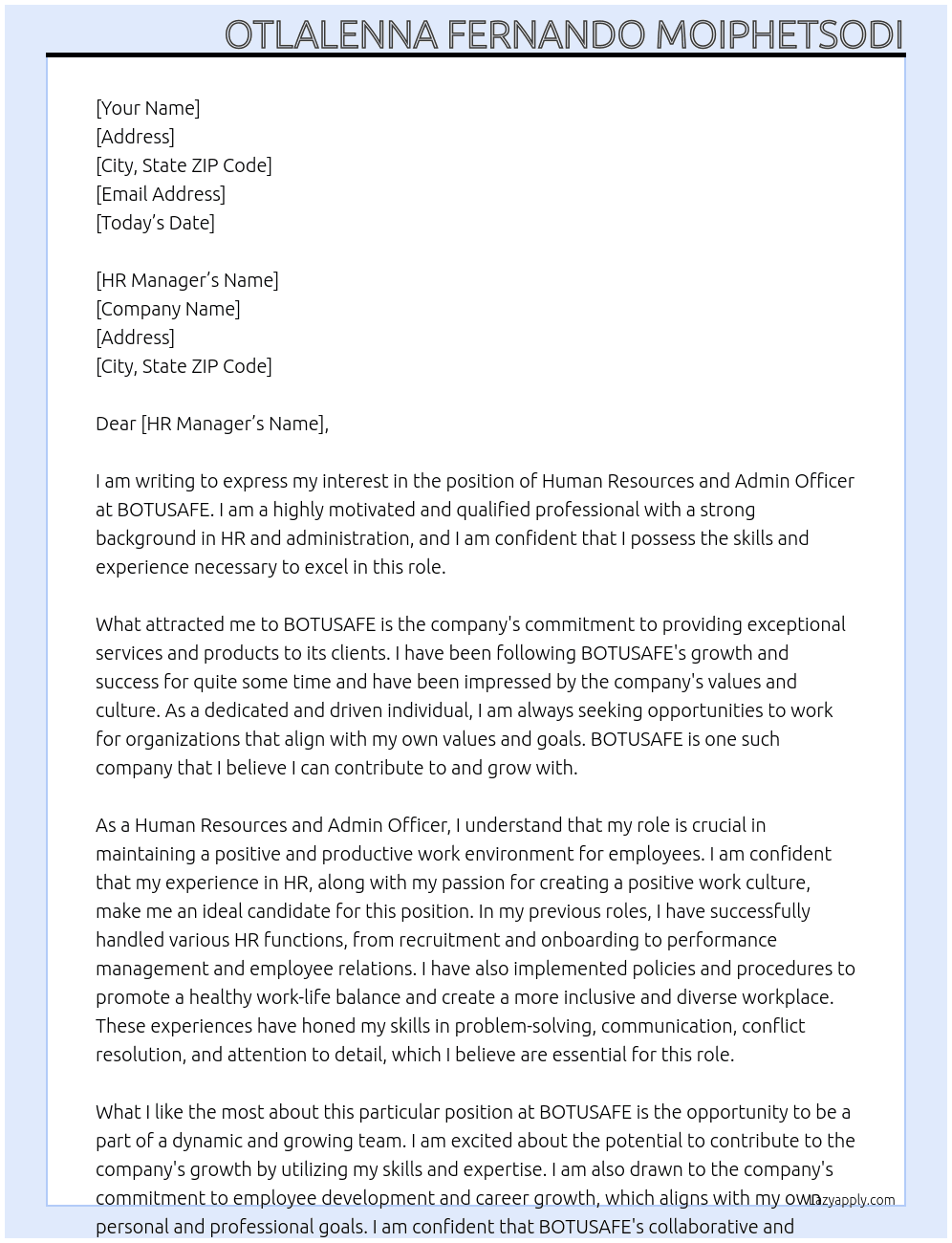 Human Resources and Admin officer At BOTUSAFE Cover Letter