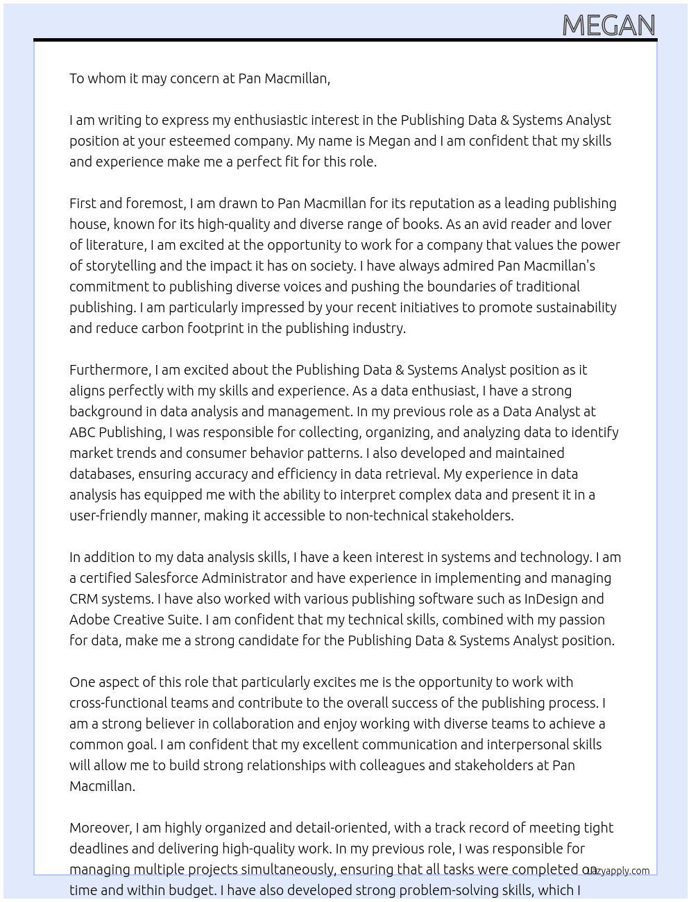 Publishing Data & Systems Analyst At Pan Macmillan Cover Letter