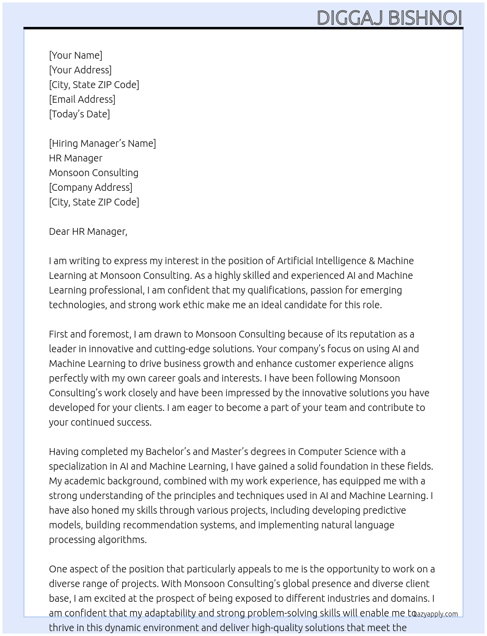 Artificial Intelligence & Machine Learning At Monsoon consulting Cover Letter