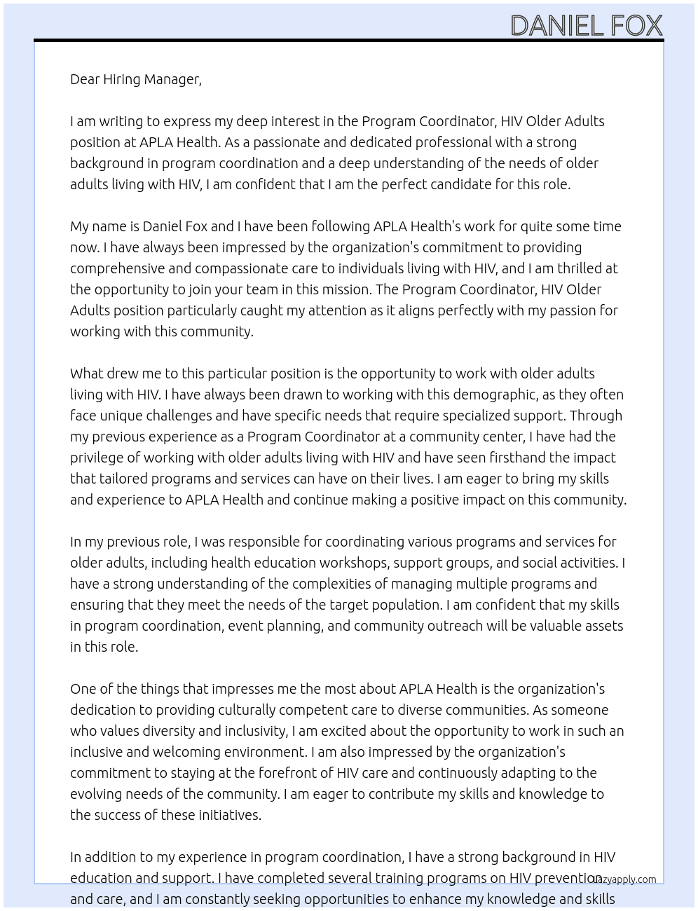 Program Coordinator, HIV Older Adults At APLA Health Cover Letter