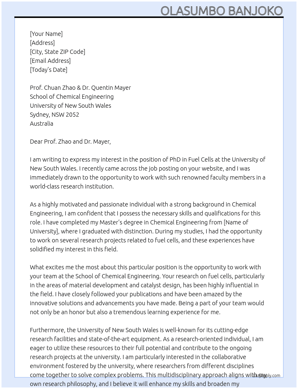 Phd in Fuel Cells  At UNSW, Australia  Cover Letter