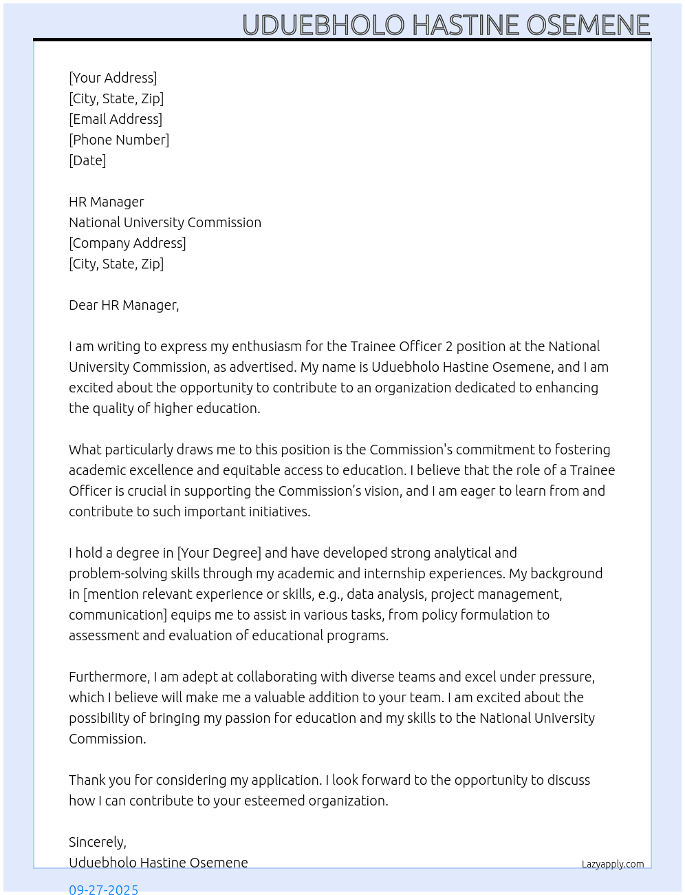 Cover letter for trainee officer 2 - LazyApply