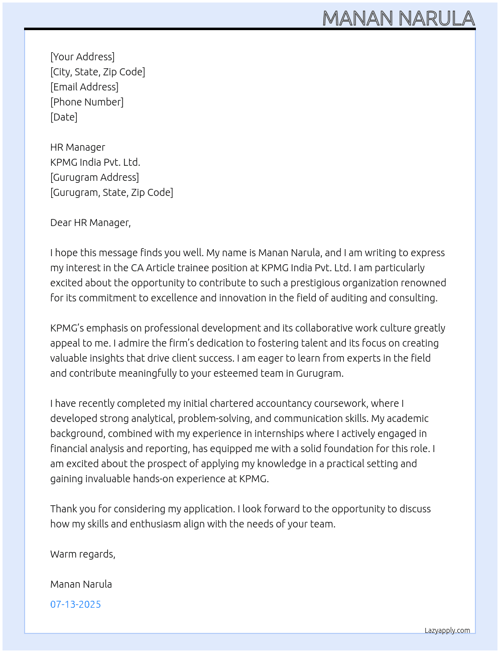 CA Article At KPMG India pvt. ltd. Cover Letter