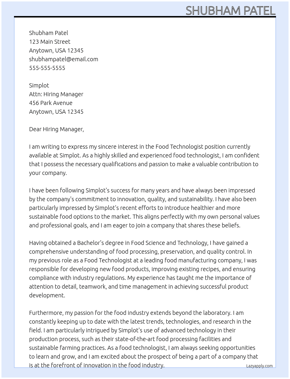 food technologist At simplot Cover Letter
