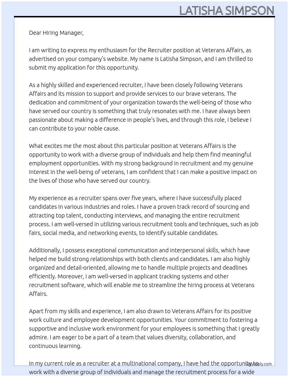 Recruiter At Veterans Affairs Cover Letter