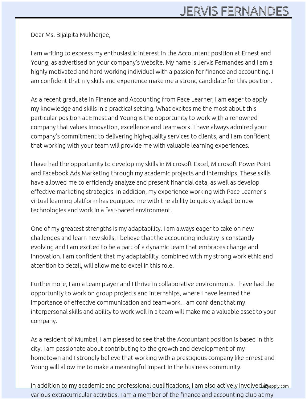 Accountant At Ernest and Young  Cover Letter