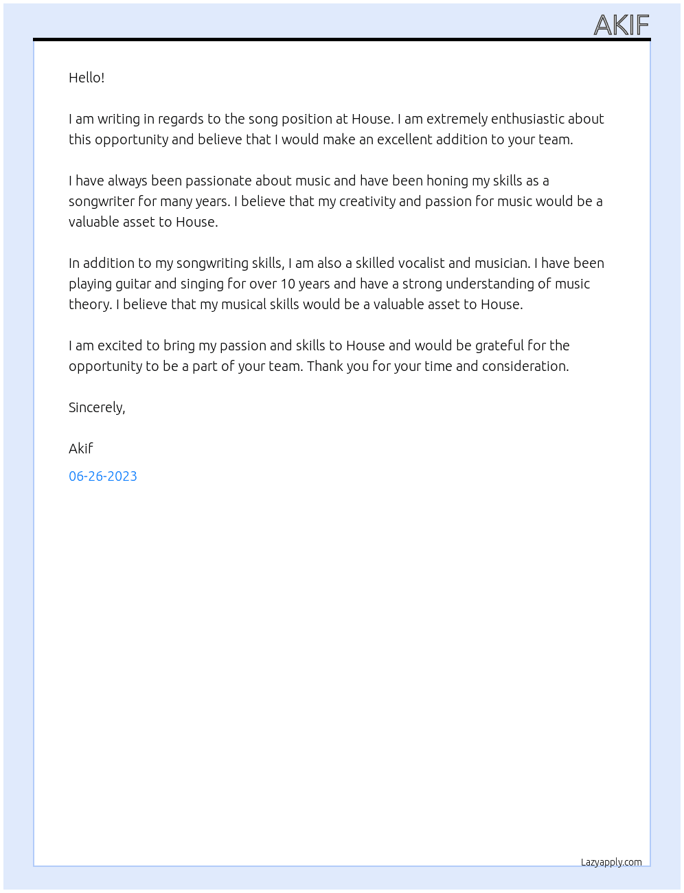 song At house Cover Letter
