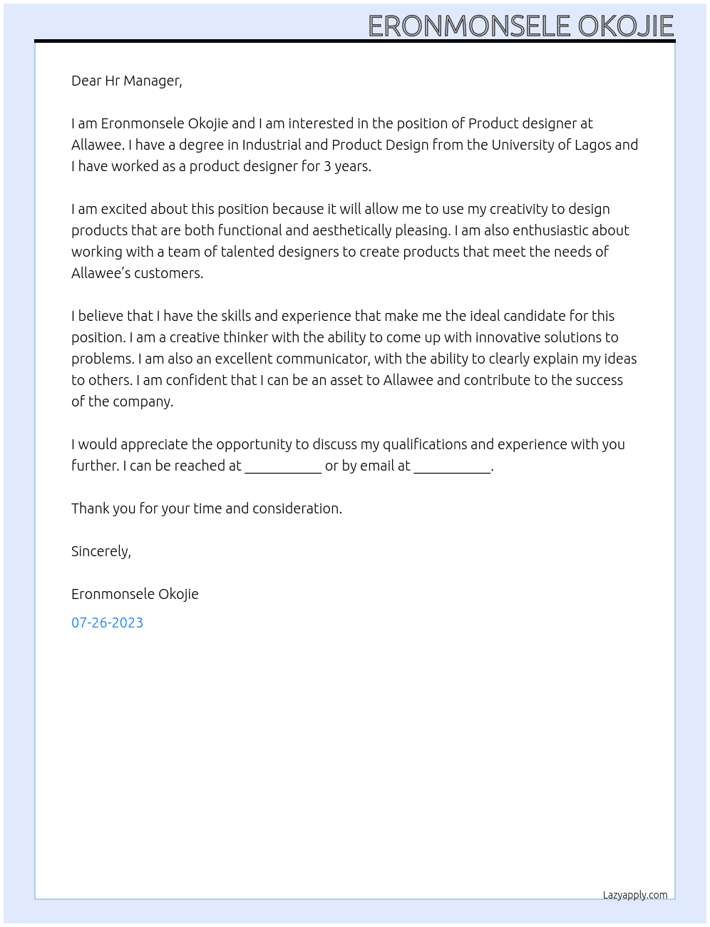 Product designer At Allawee Cover Letter