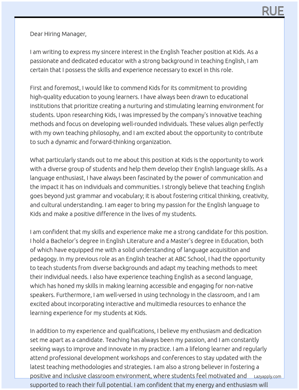 English teacher  At Kids Cover Letter