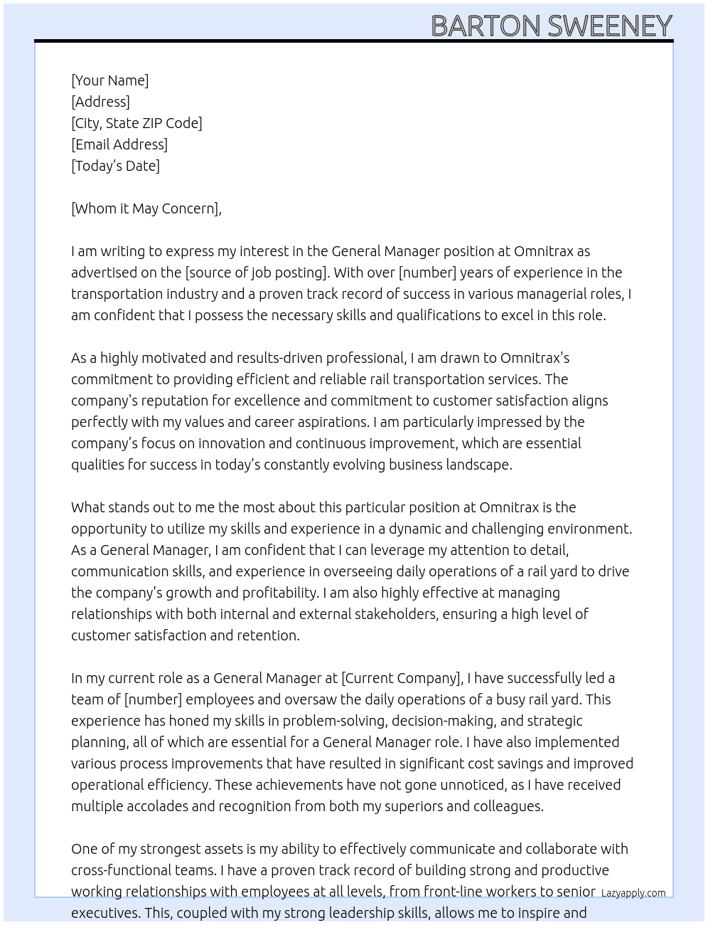 General manager At Omnitrax Cover Letter