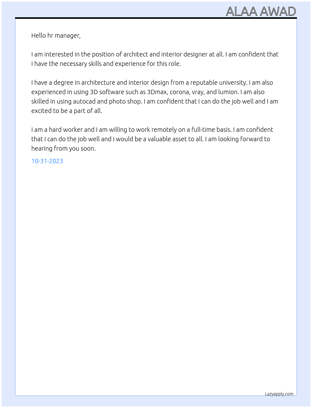 Architect and interior designer  At all Cover Letter