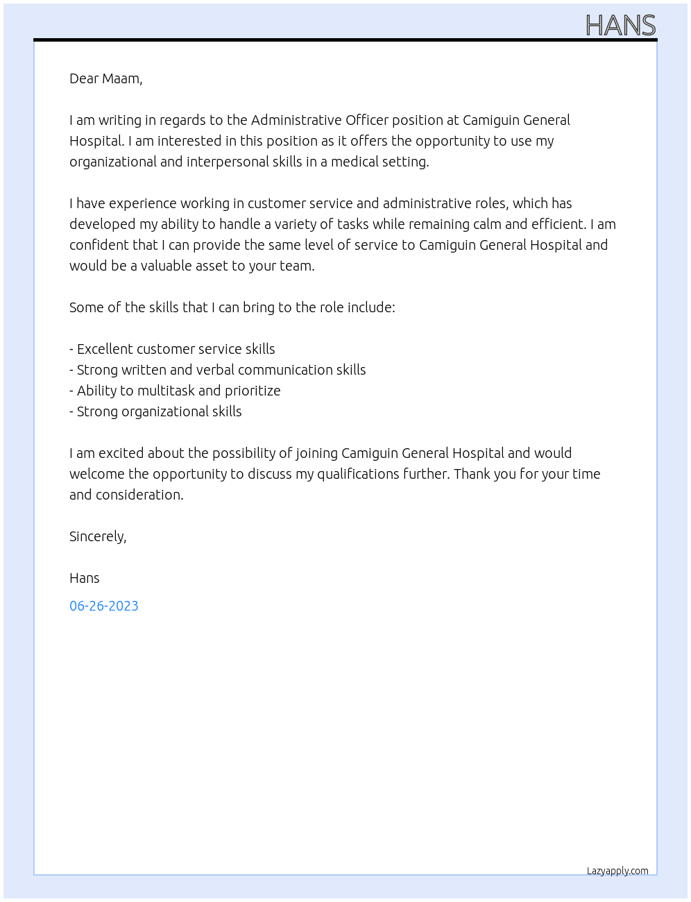 Administrative officer  At Camiguin general hospifal Cover Letter