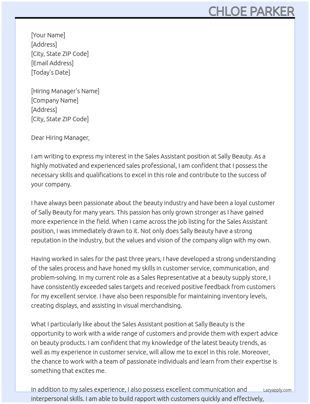 Sales assistant  At Sally Beauty Cover Letter