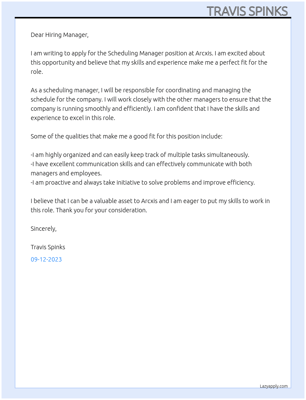 Scheduling Manager At Arcxis Cover Letter