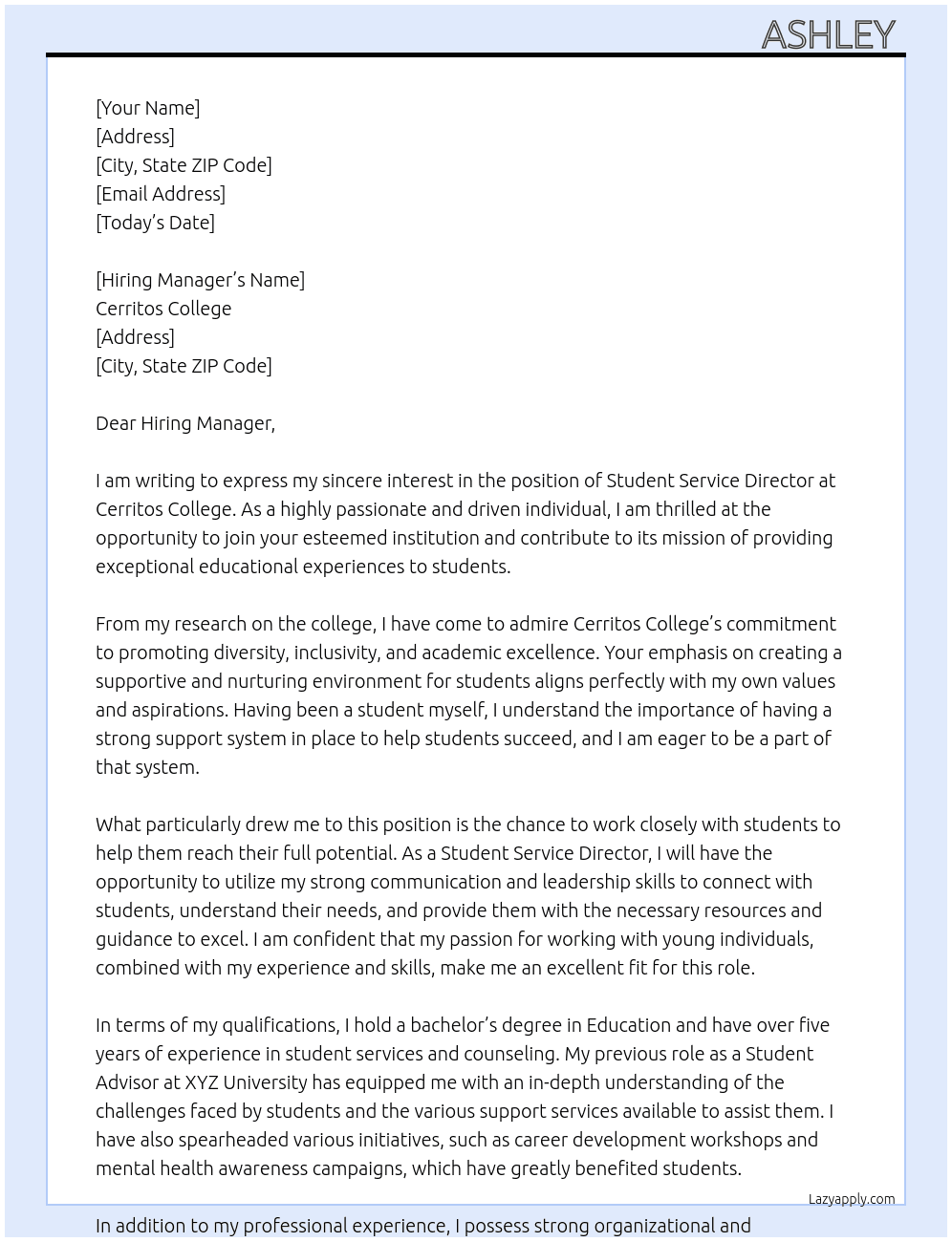 Student Service Director  At Cerritos College  Cover Letter