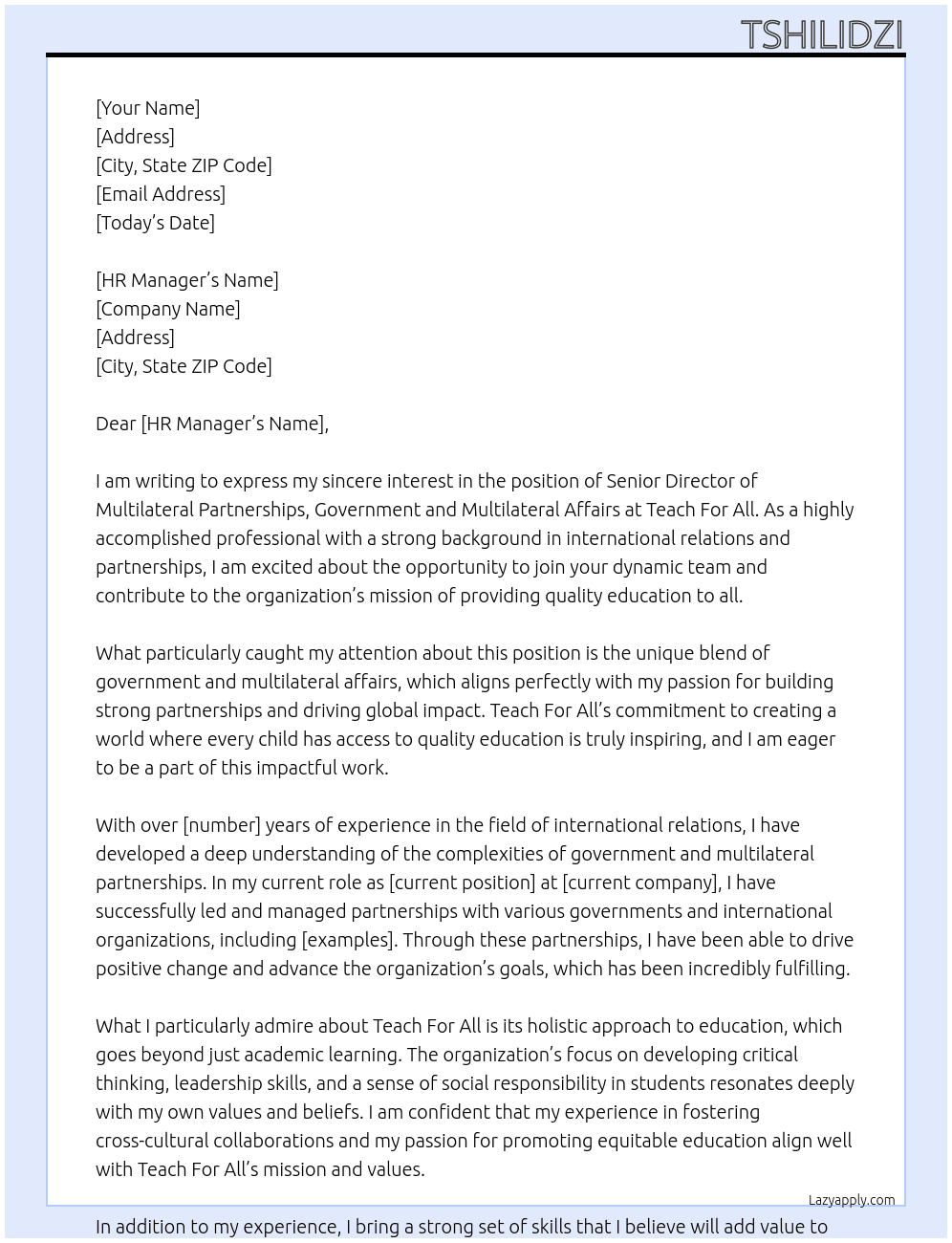 Senior Director of Multilateral Partnerships, Government and Multilateral Affairs At Teach For All Cover Letter