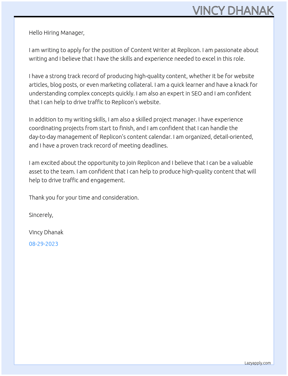 Content Writer At Replicon Cover Letter