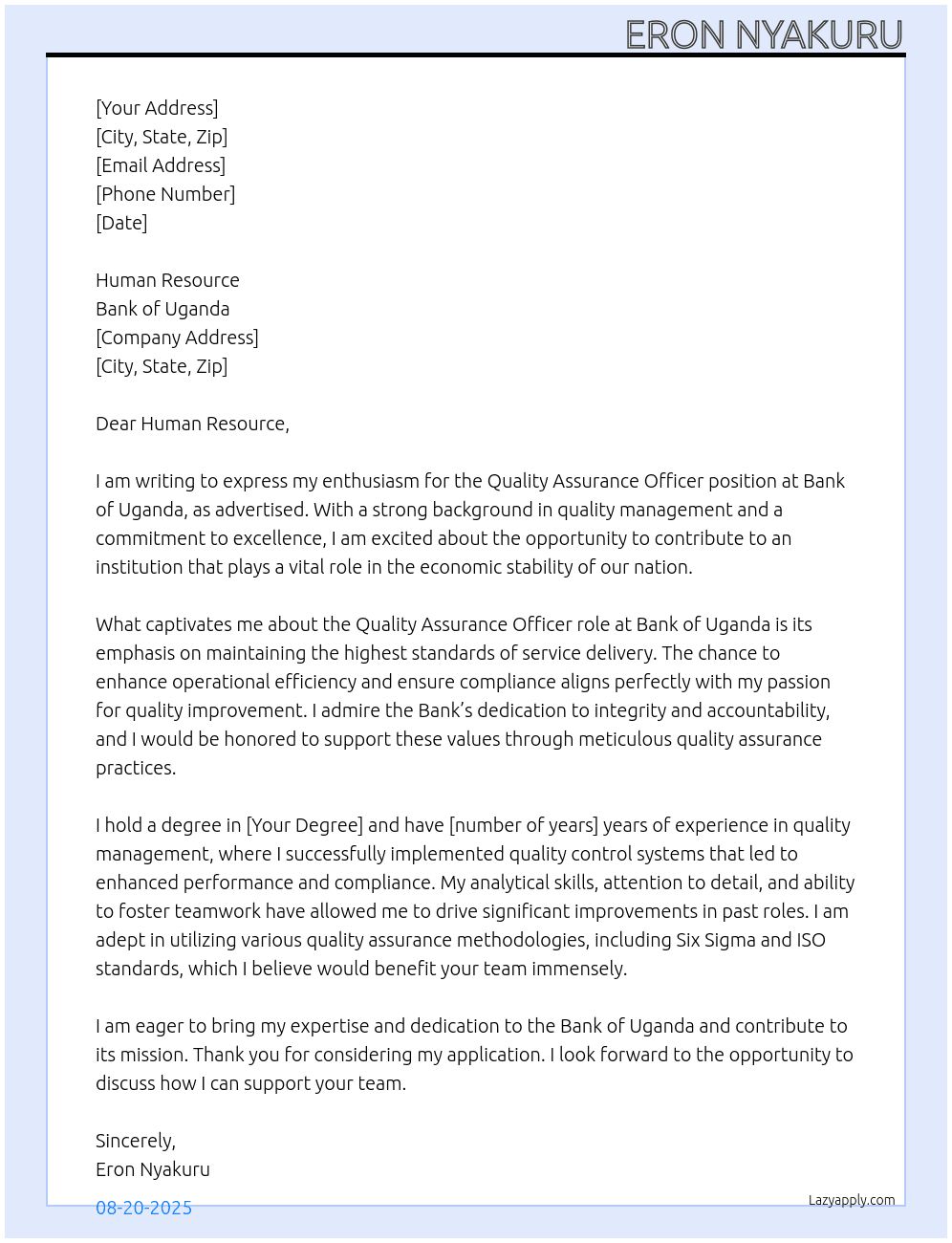QUALITY ASSURANCE OFFICER  At Bank of Uganda Cover Letter