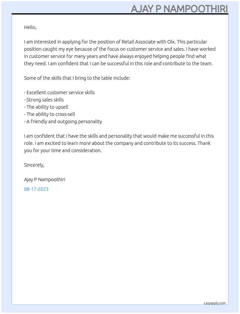 Retail Associates At Olx Cover Letter