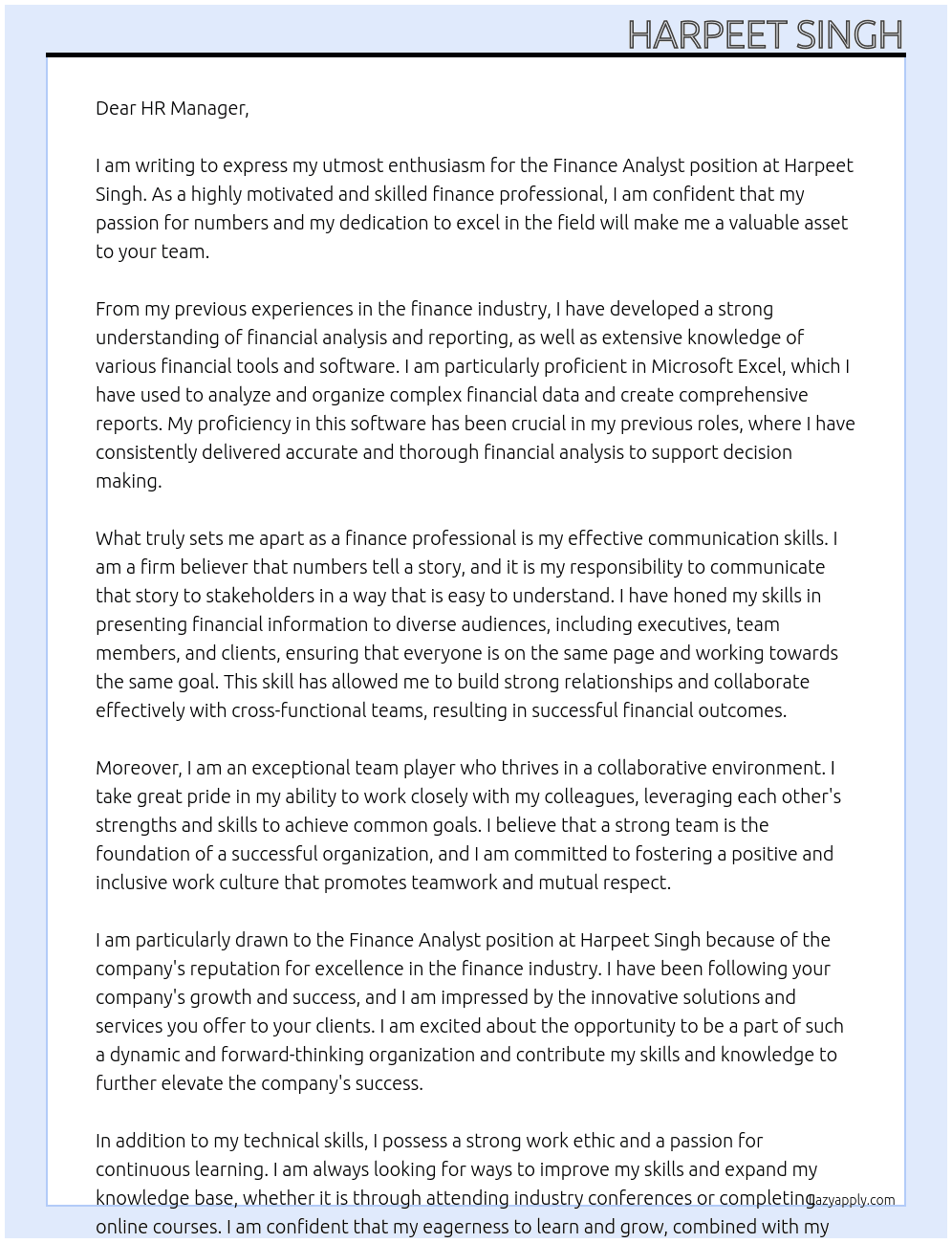 Finance Analyst  At Harpeet Singh Cover Letter