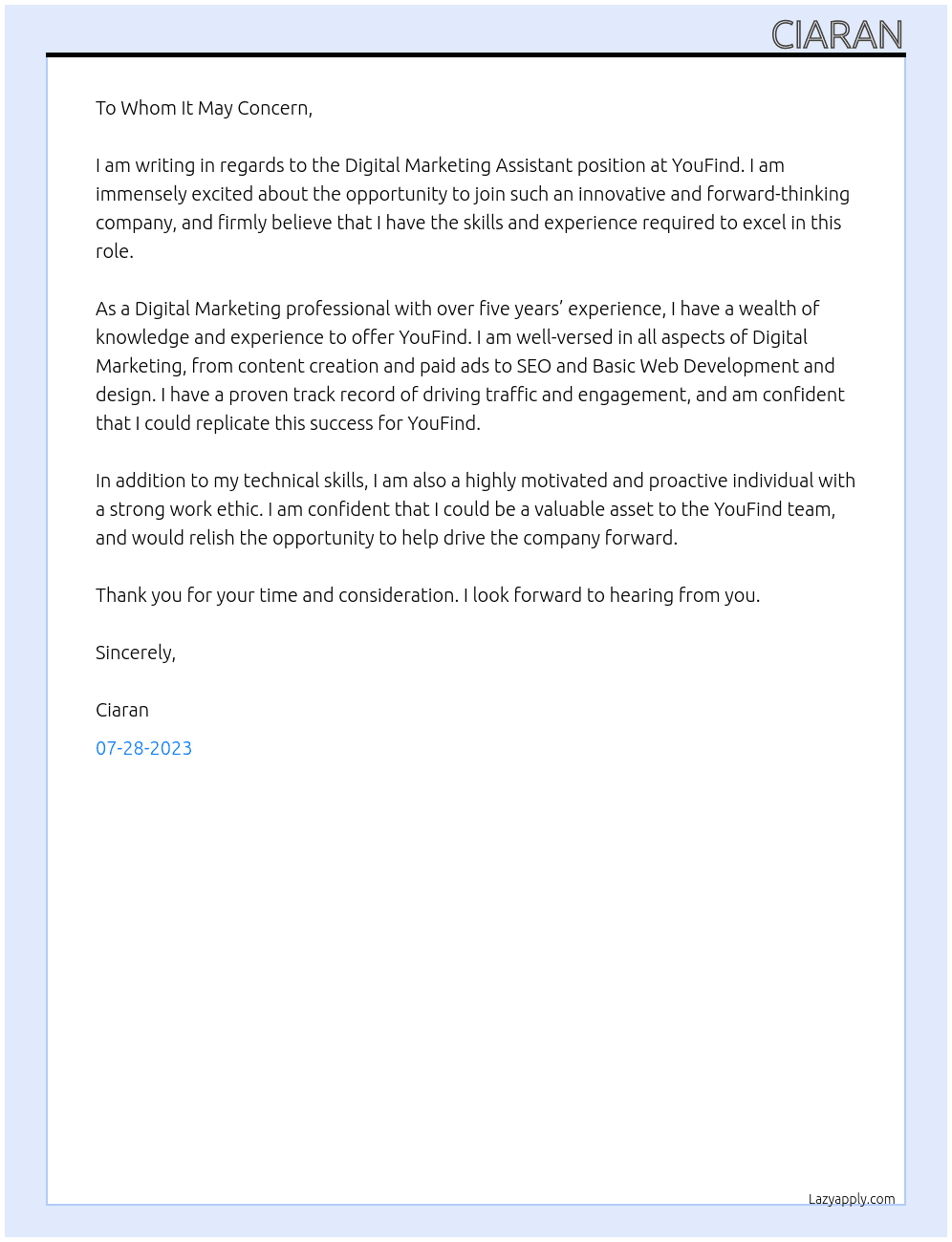 Digital Marketing Assistant  At YouFind Cover Letter