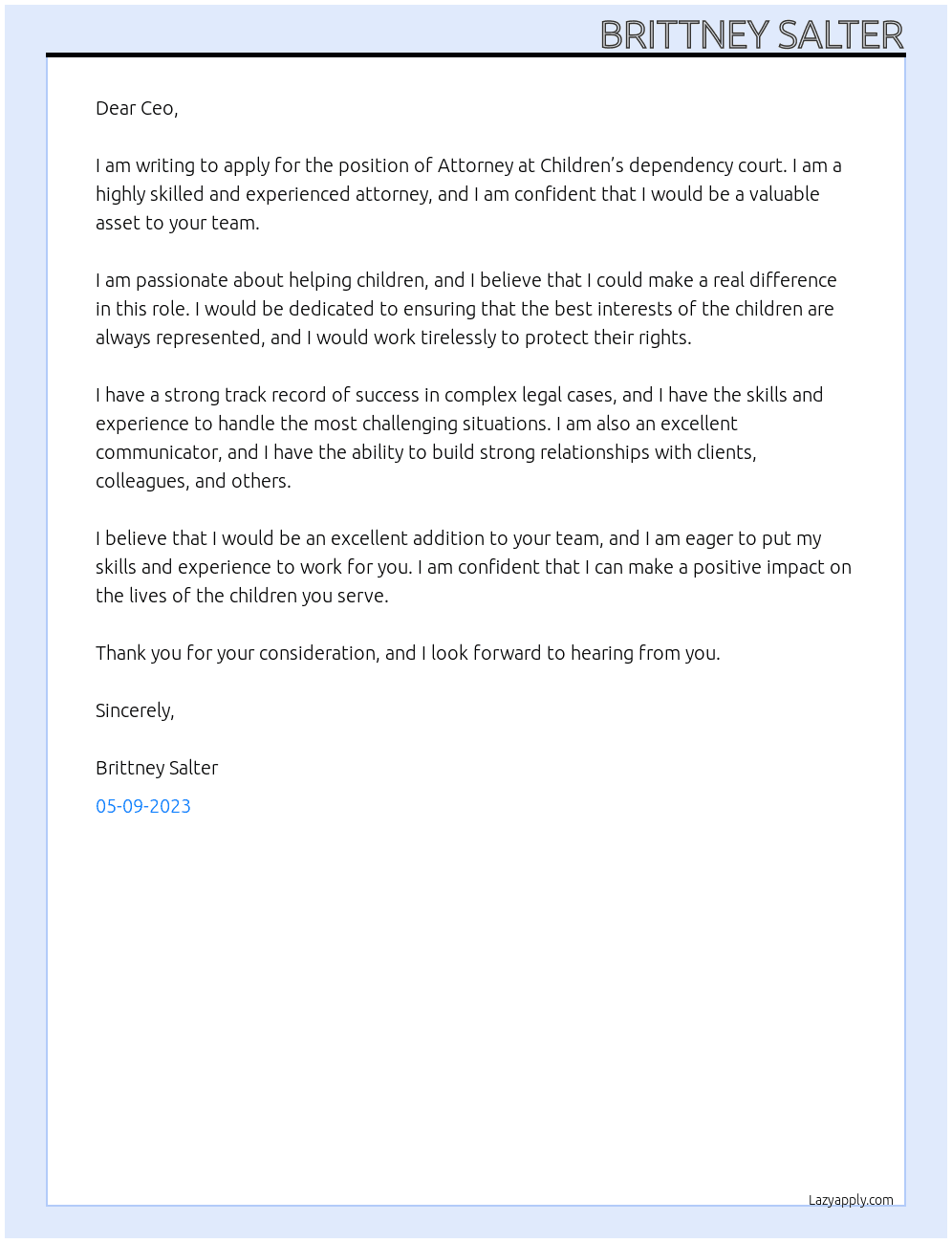Attorney At Children’s dependency court Cover Letter