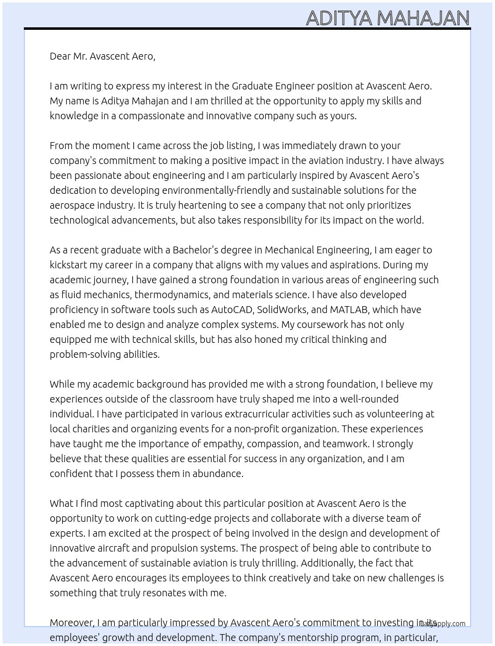 Graduate Engineer At Avascent Aero Cover Letter