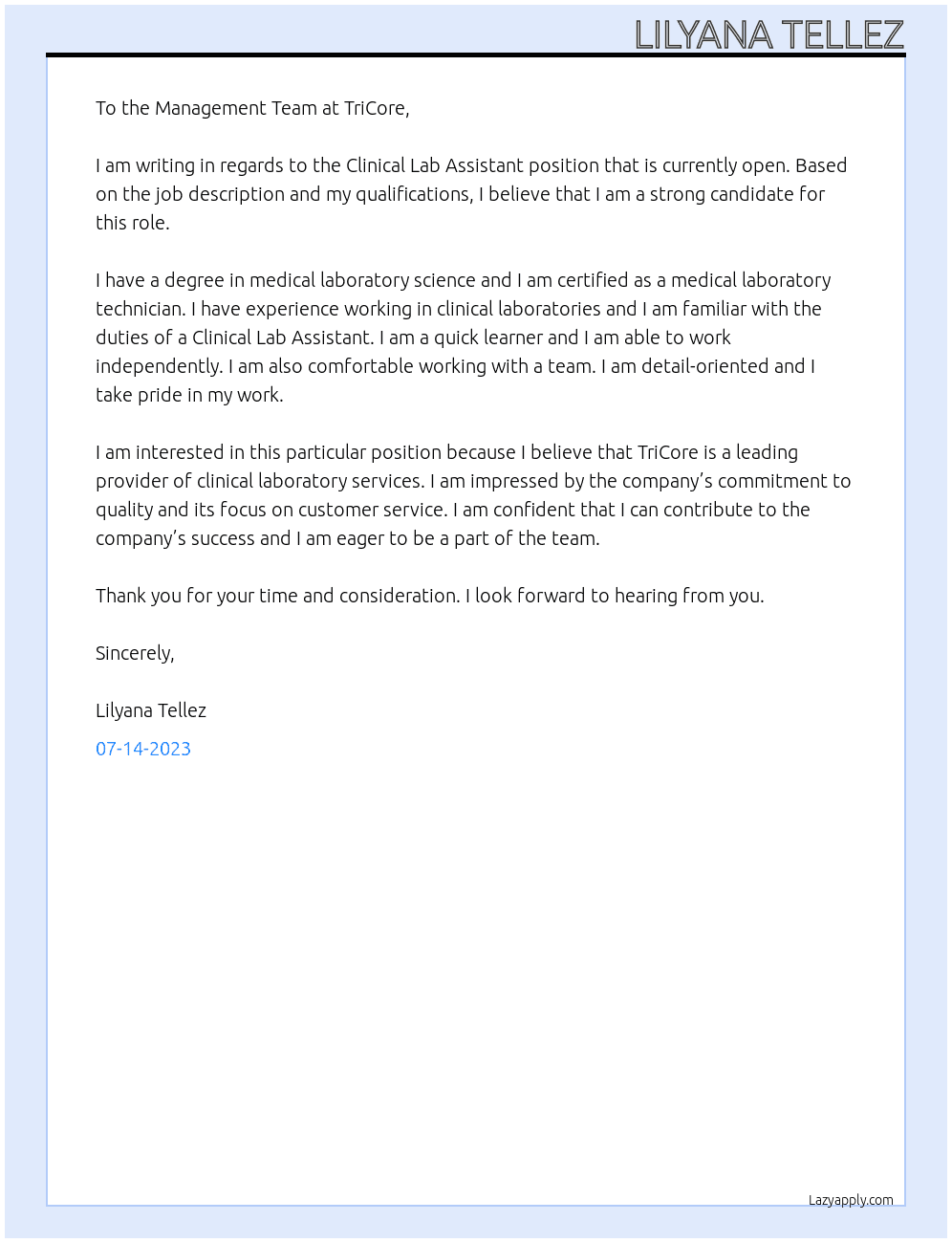 Clinical Lab Assistant At TriCore Cover Letter