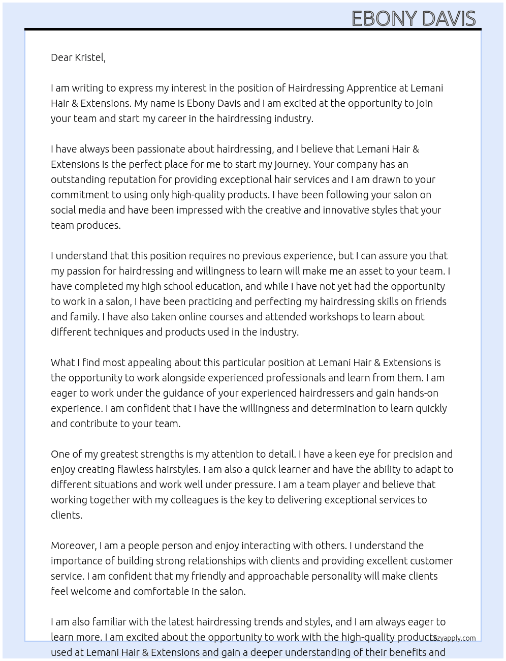 Hairdressing apprentice  At Lemani Hair & Extensions Cover Letter