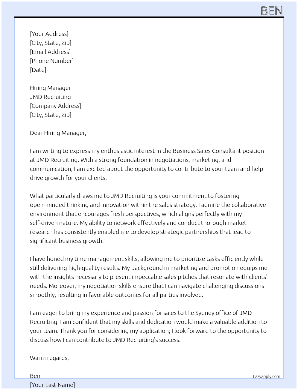 Business sales consultant At JMD recruiting Cover Letter