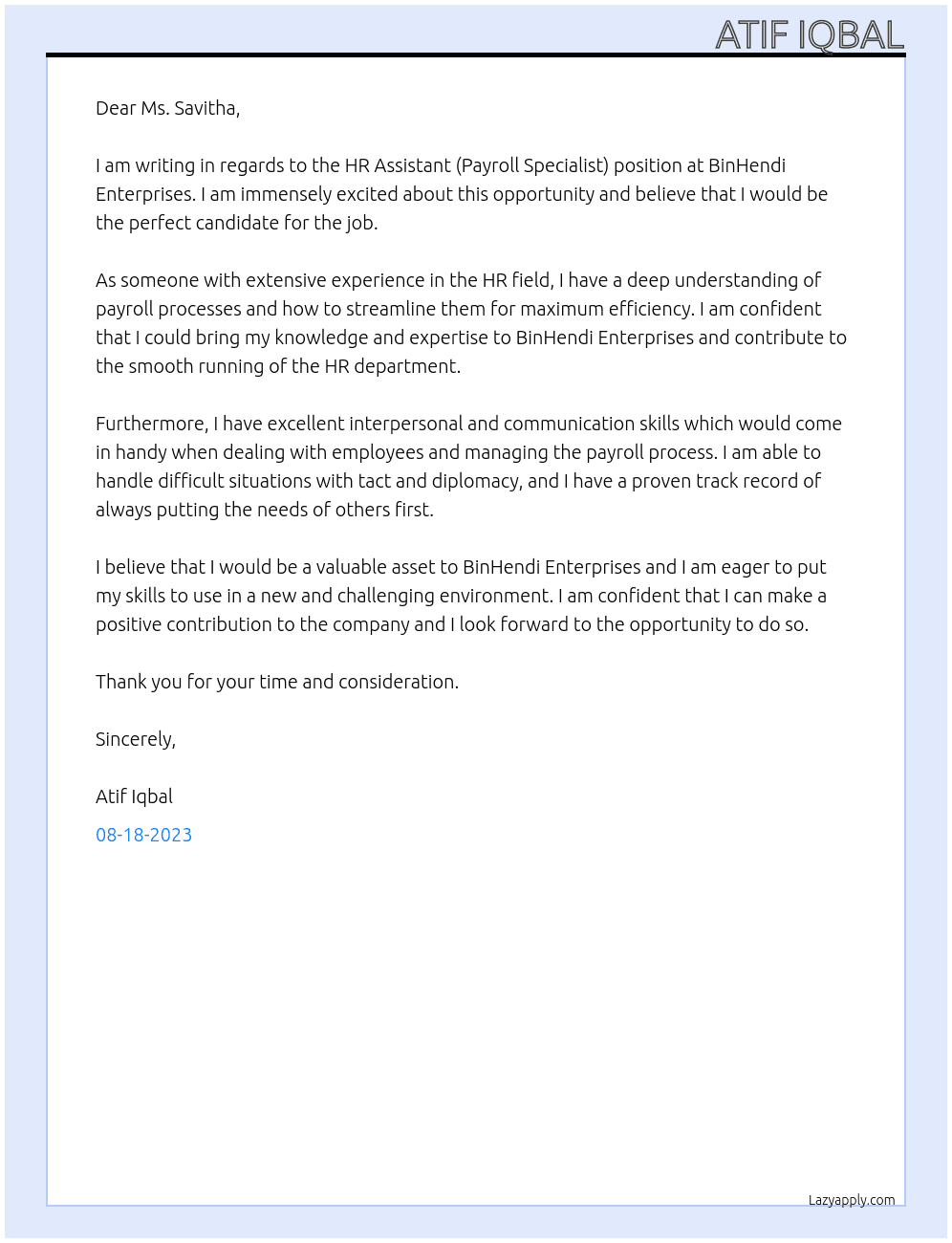 HR Assistant (Payroll Specialist) At BinHendi Enterprises  Cover Letter