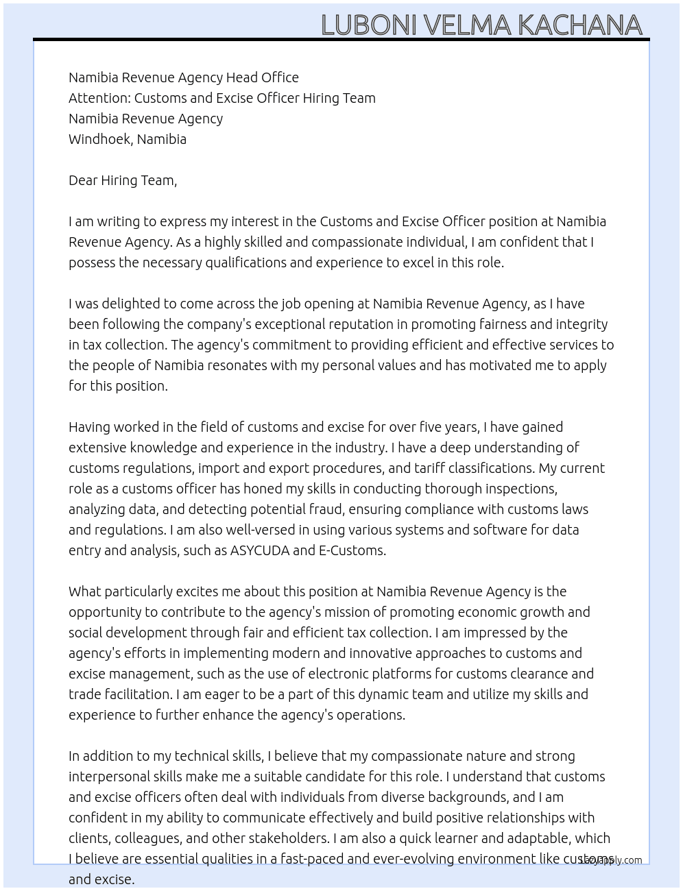 Customs and excise officer At Namibia Revenue Agency  Cover Letter