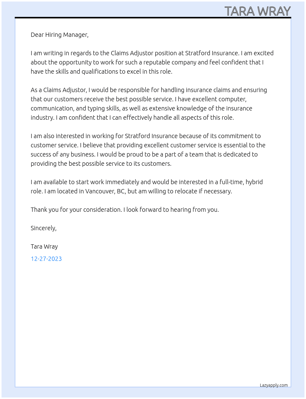 Claims Adjustor At Stratford Insurance Cover Letter