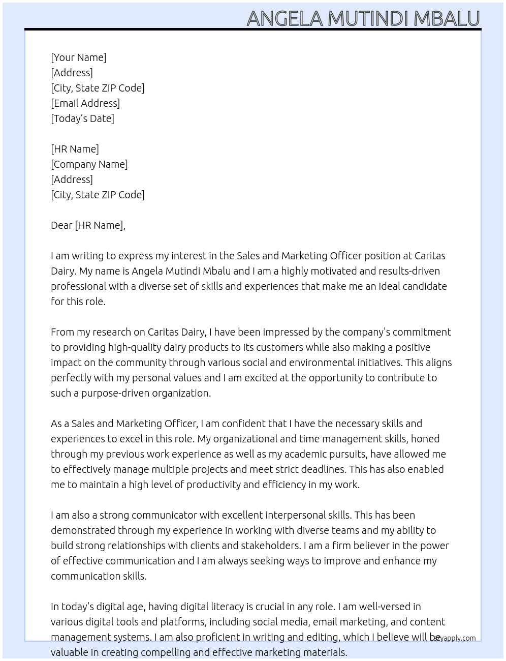 Sales and Marketing Officer At Caritas Dairy Cover Letter