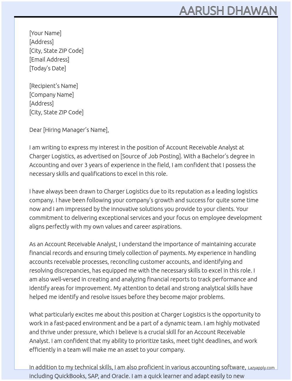 Account Receivable Analyst At Charger Logistics Cover Letter
