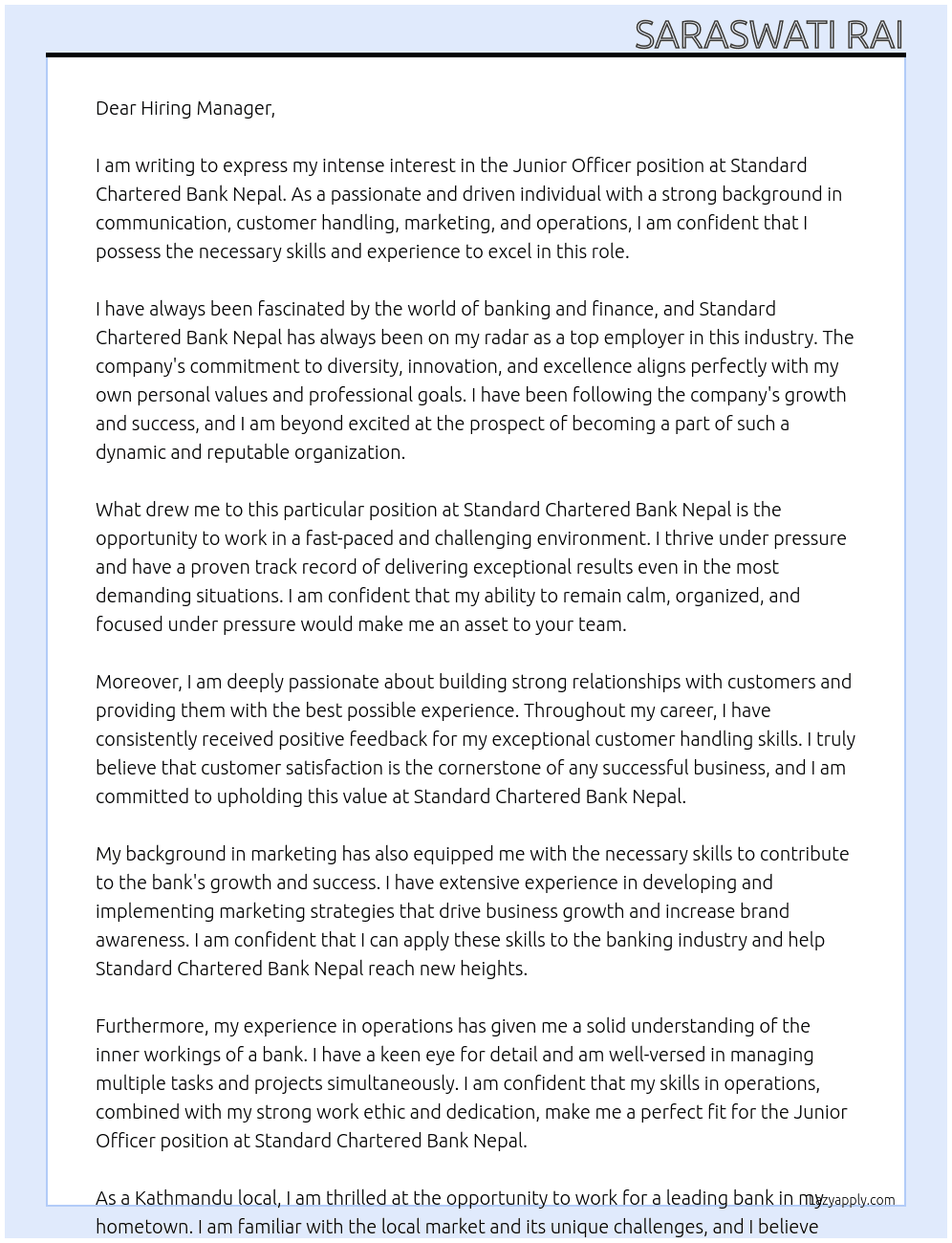 Junior Officer At Standard Chartered Bank Nepal Cover Letter