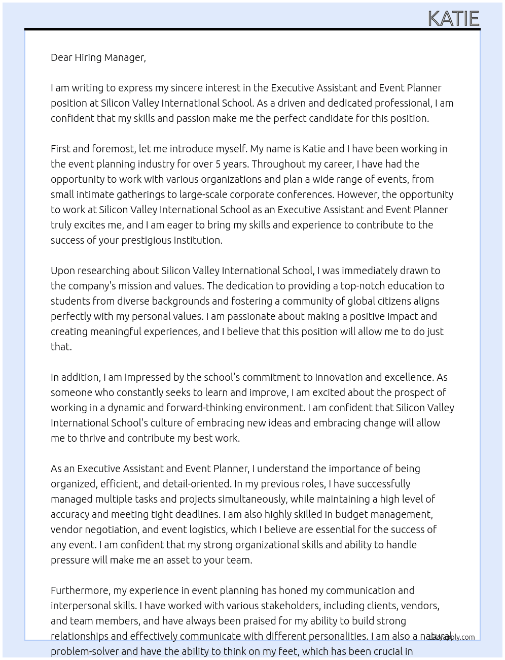 executive assistant and event planner At silicon valley international school Cover Letter