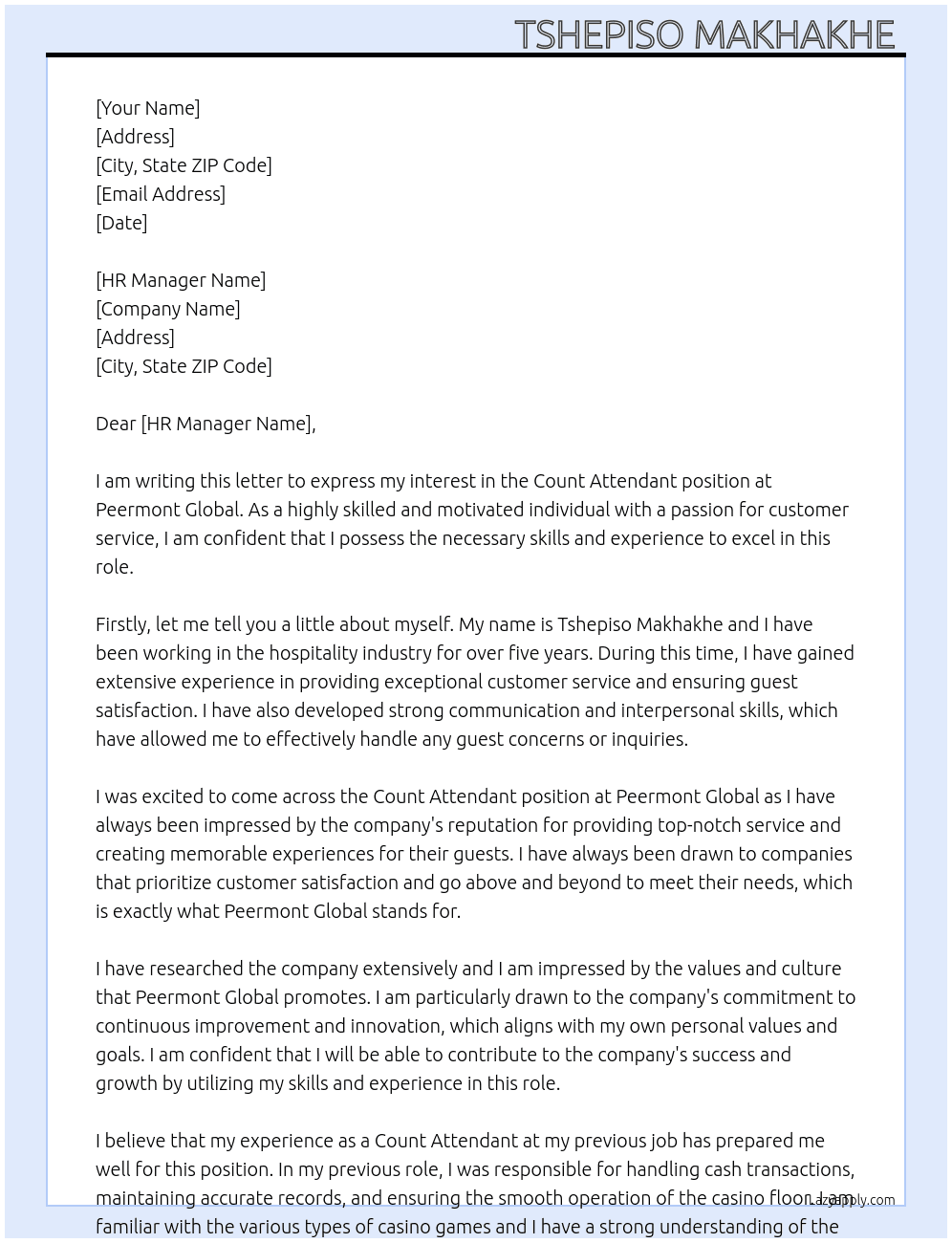Count Attendant  At Peermont Global Cover Letter