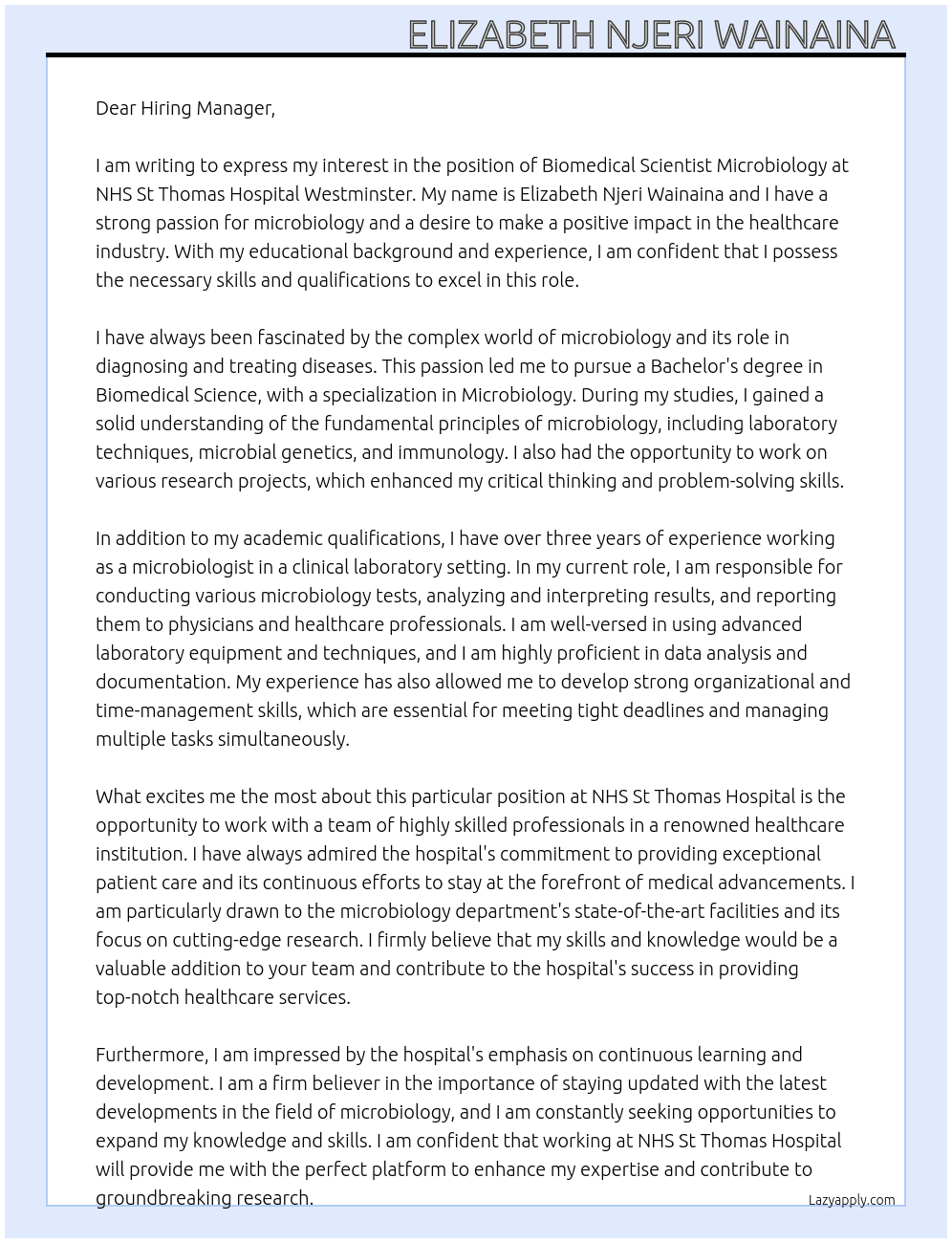 biomedical scientist microbiology At NHS St Thomas Hospital Westminister Cover Letter
