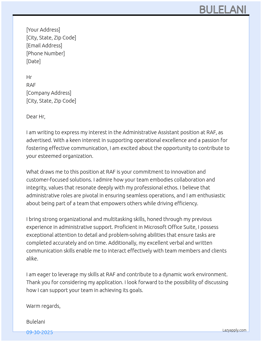 Administrative assistants At RAF Cover Letter