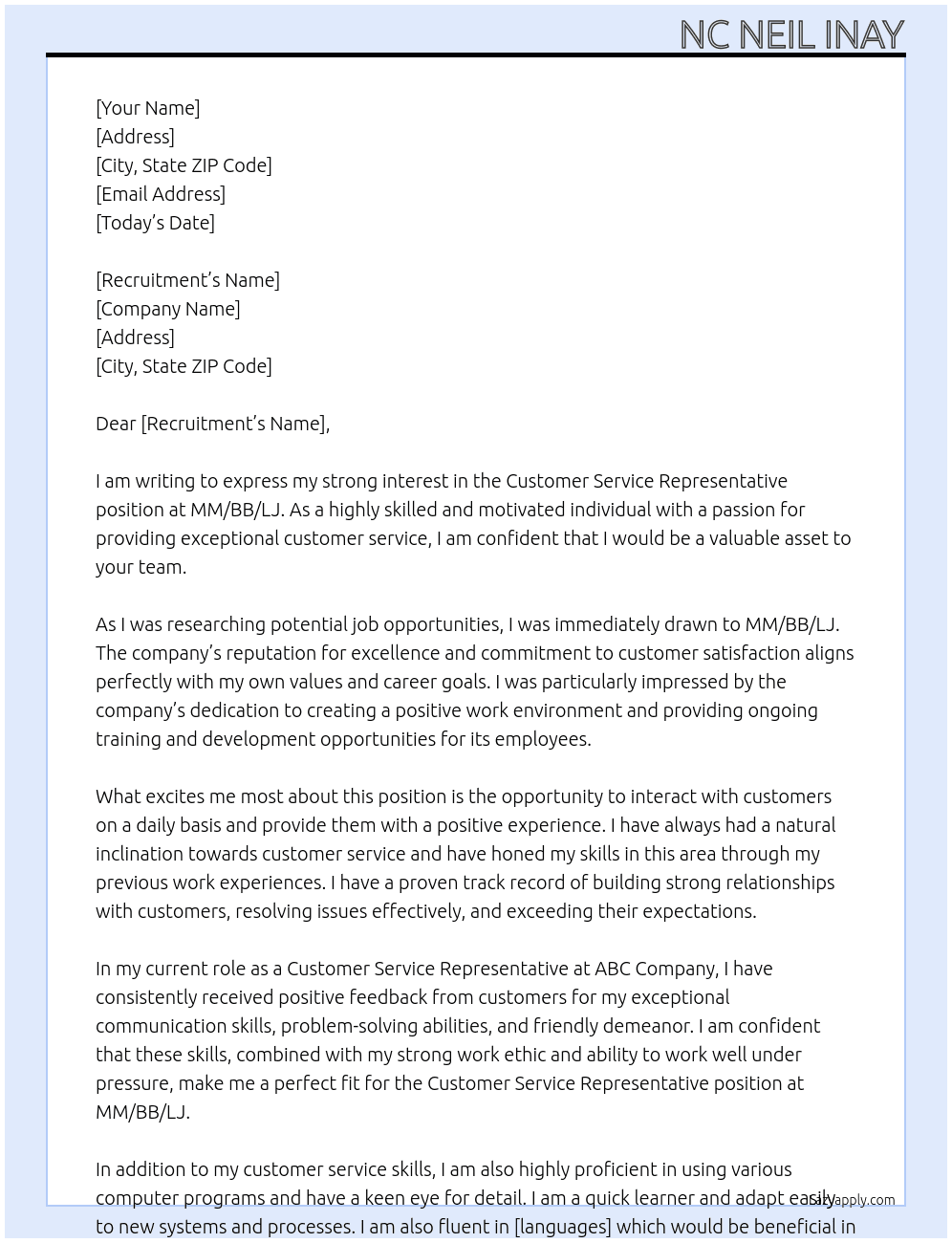 Customer Service Representative At MM/BB/LJ  Cover Letter