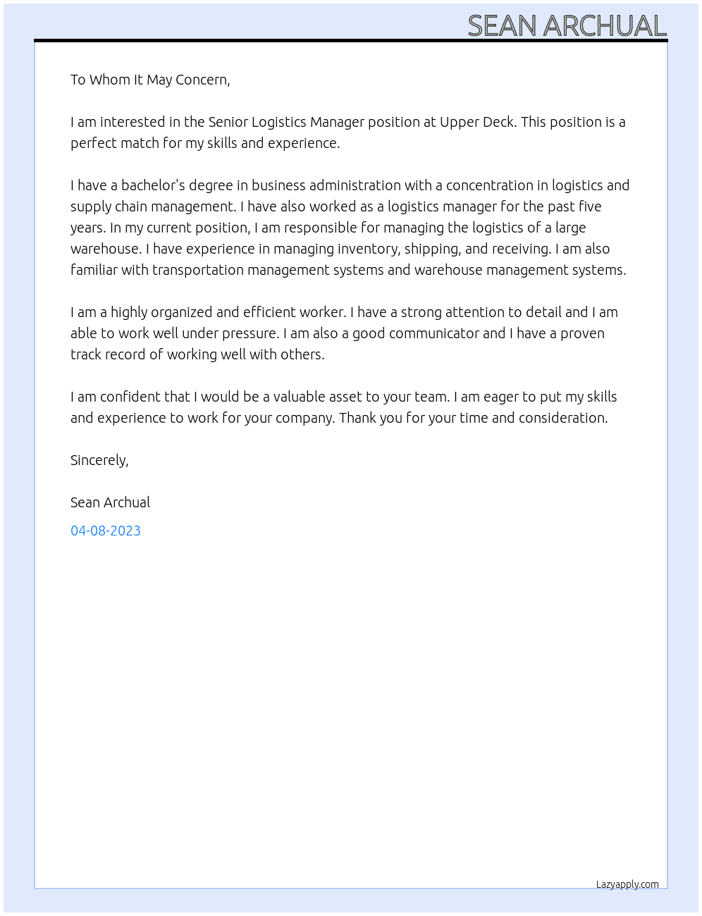 Senior logistics manager  At Upper Deck  Cover Letter
