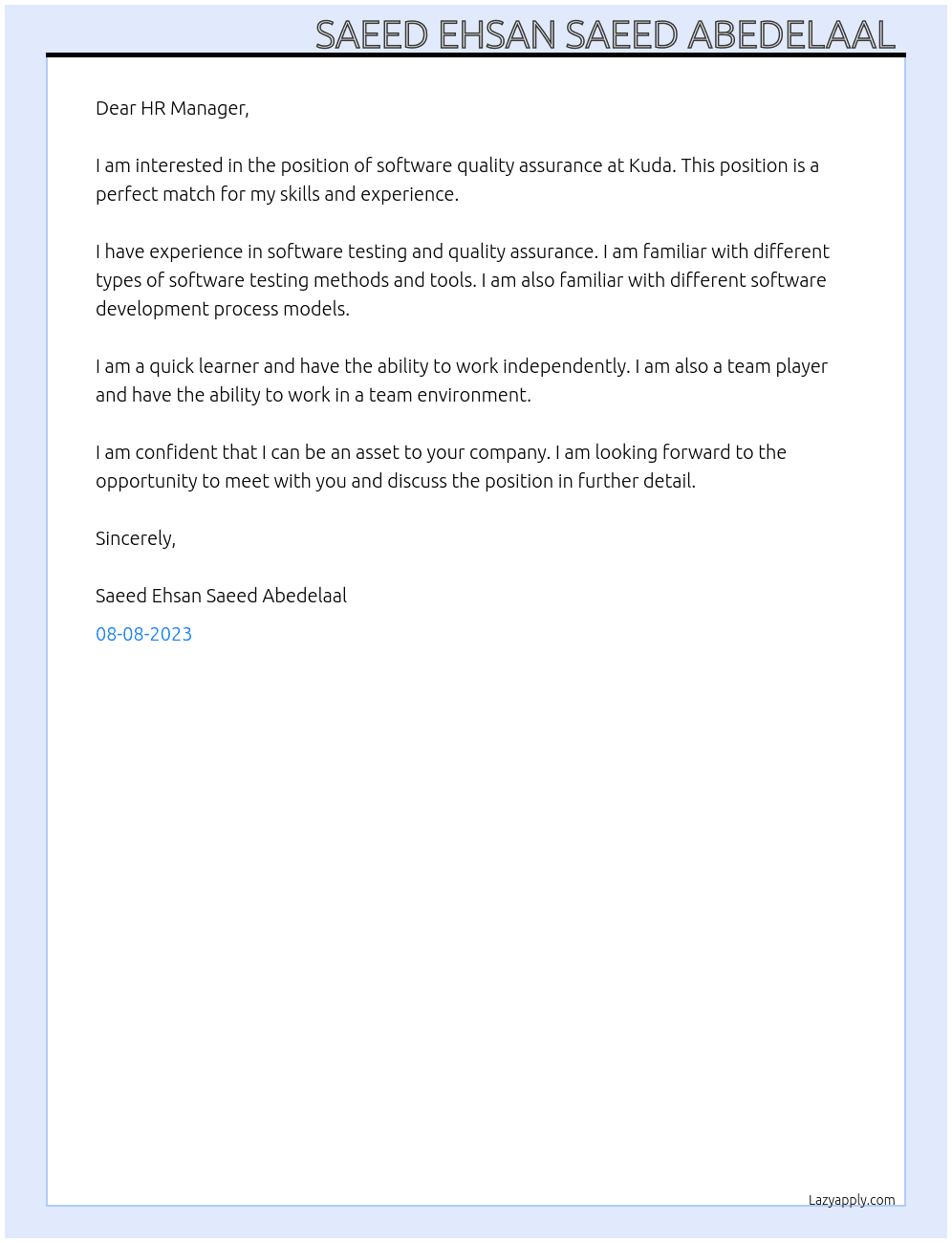 Software quality assurance  At Kuda Cover Letter